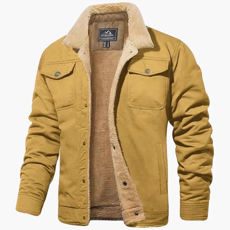 Men's bomber jacket by Wilfred Smith with tan sherpa lining and inner fleece
