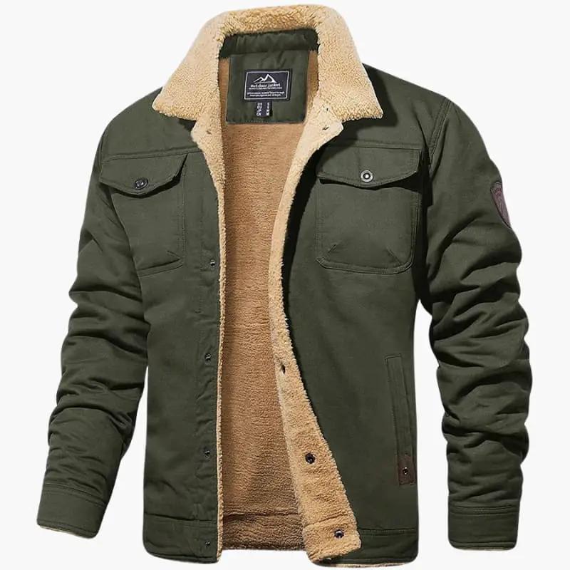 Men's trucker jacket by Wilfred Smith, olive green with tan sherpa lining and button closure