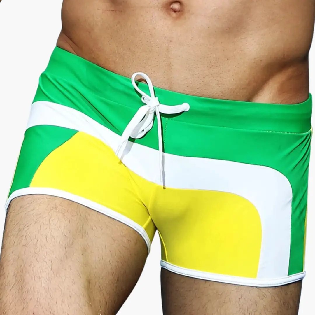 Men’s Short-Length Swim Trunks with elastic waist and pocket, green-yellow-white color-block with white drawstring