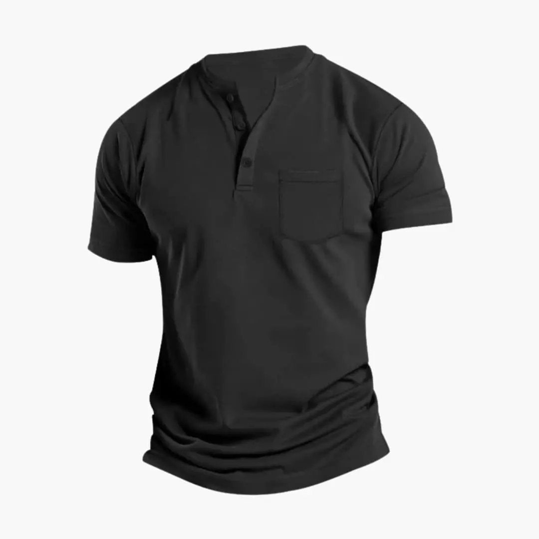 Men's Short Sleeve Henley T-Shirt with Chest Pocket in black by Wilfred Smith.
