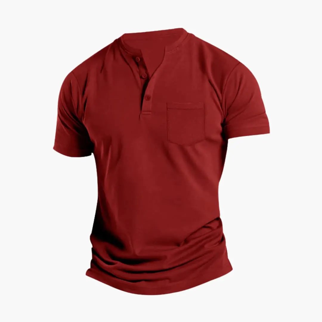 Men's short sleeve Henley T-shirt with chest pocket by Wilfred Smith in burgundy