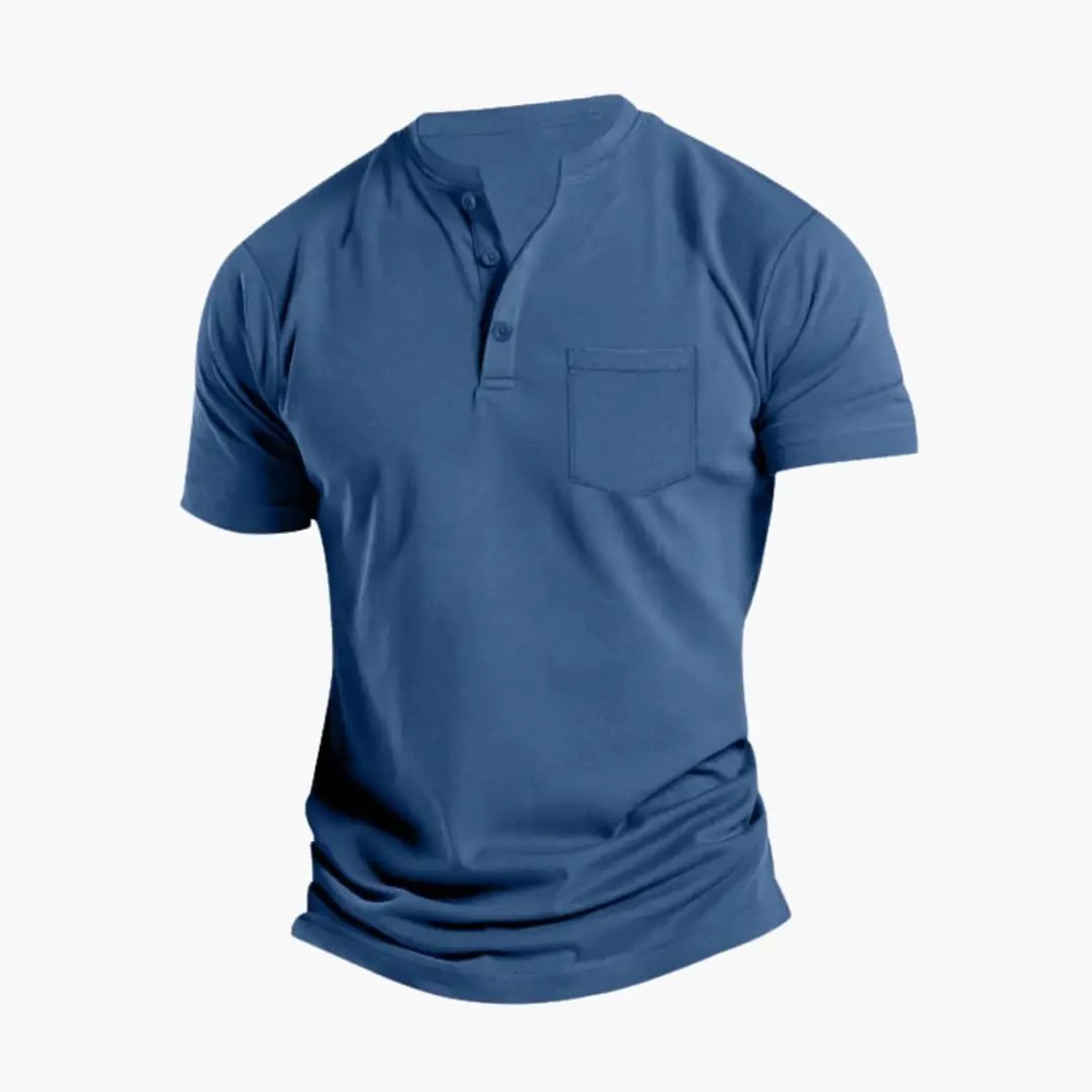 Men's short-sleeve Henley T-shirt in blue with chest pocket.