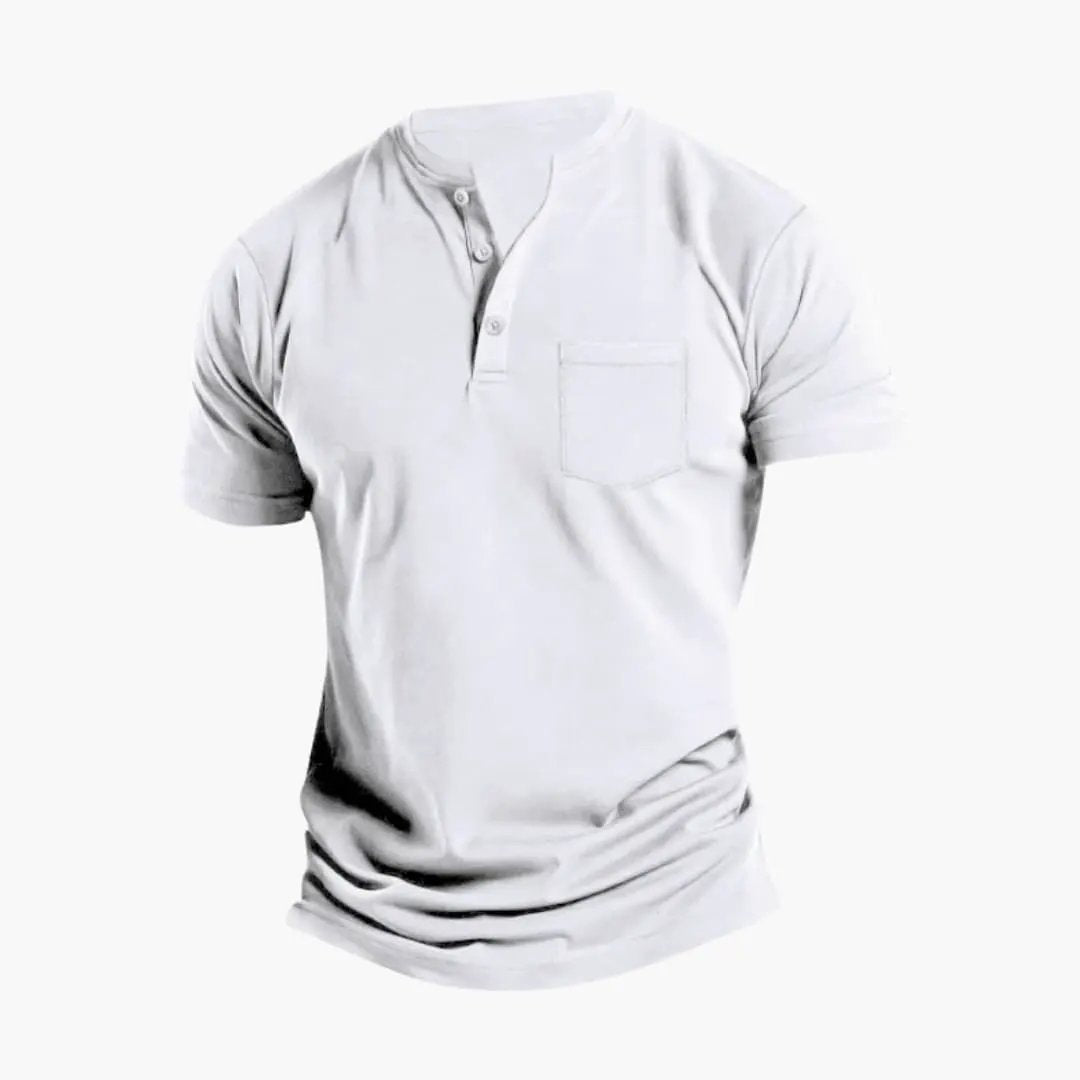 Men's short sleeve Henley T-shirt with chest pocket in white, button placket.