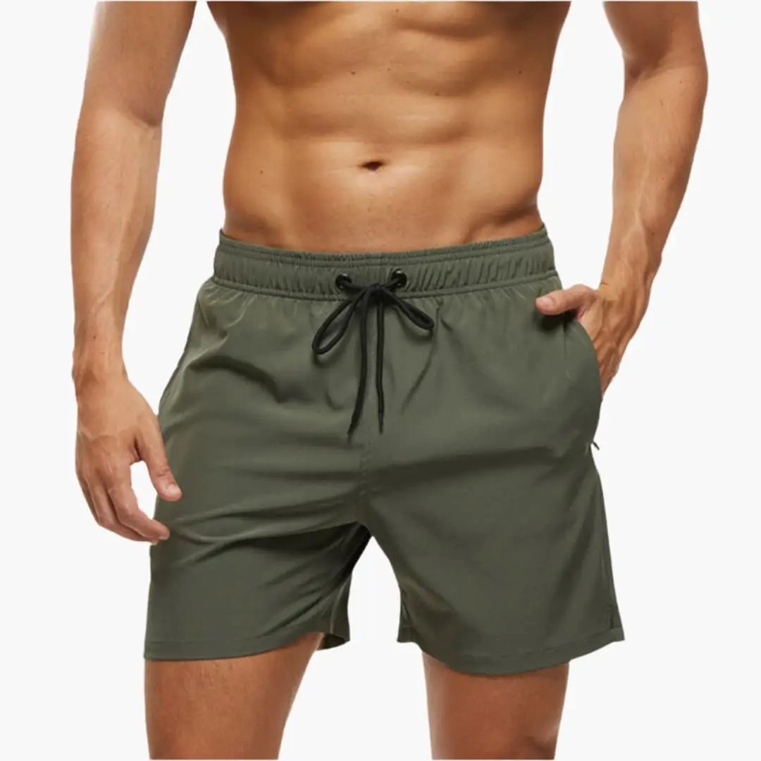 Men’s Shorts with Elastic Waistband in olive green by Wilfred Smith, with black drawstring.