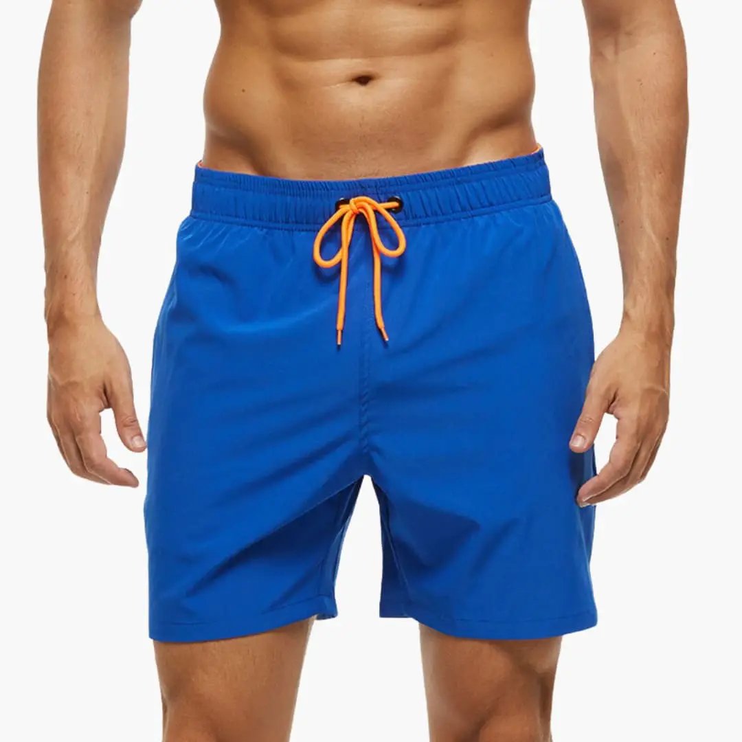 Men’s shorts by Wilfred Smith, blue with elastic waistband and orange drawstring