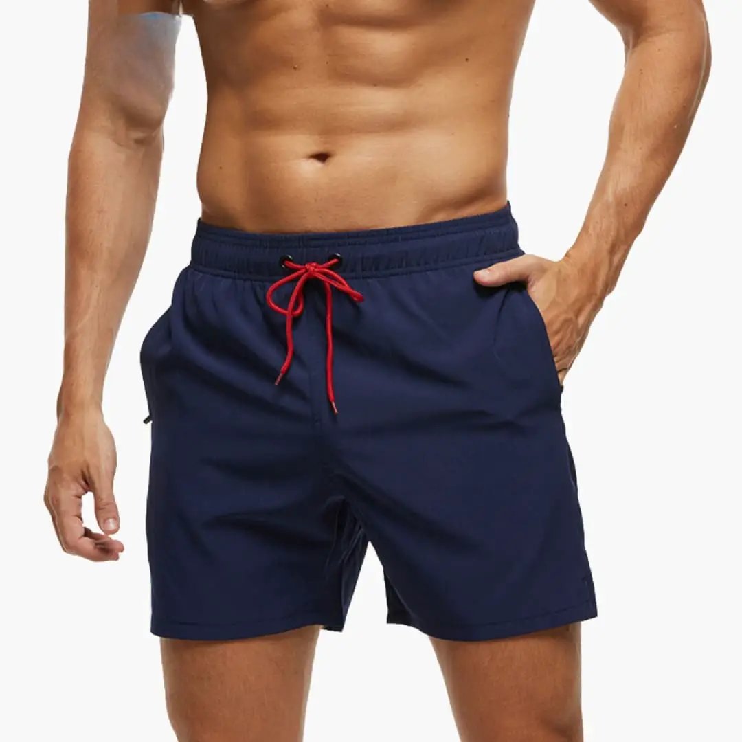 Men’s Shorts with Elastic Waistband, navy blue short trousers with red drawstring.