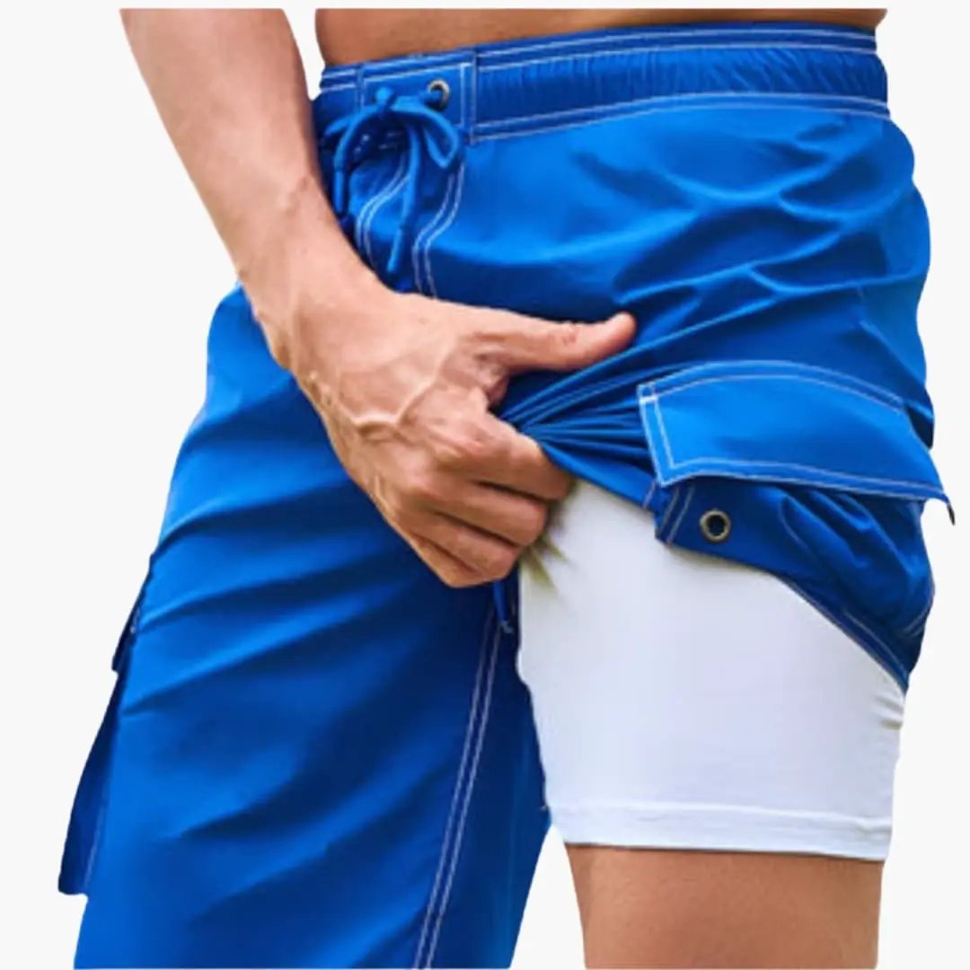 Men’s Stretch Swim Shorts in blue with inner lining and side cargo pocket