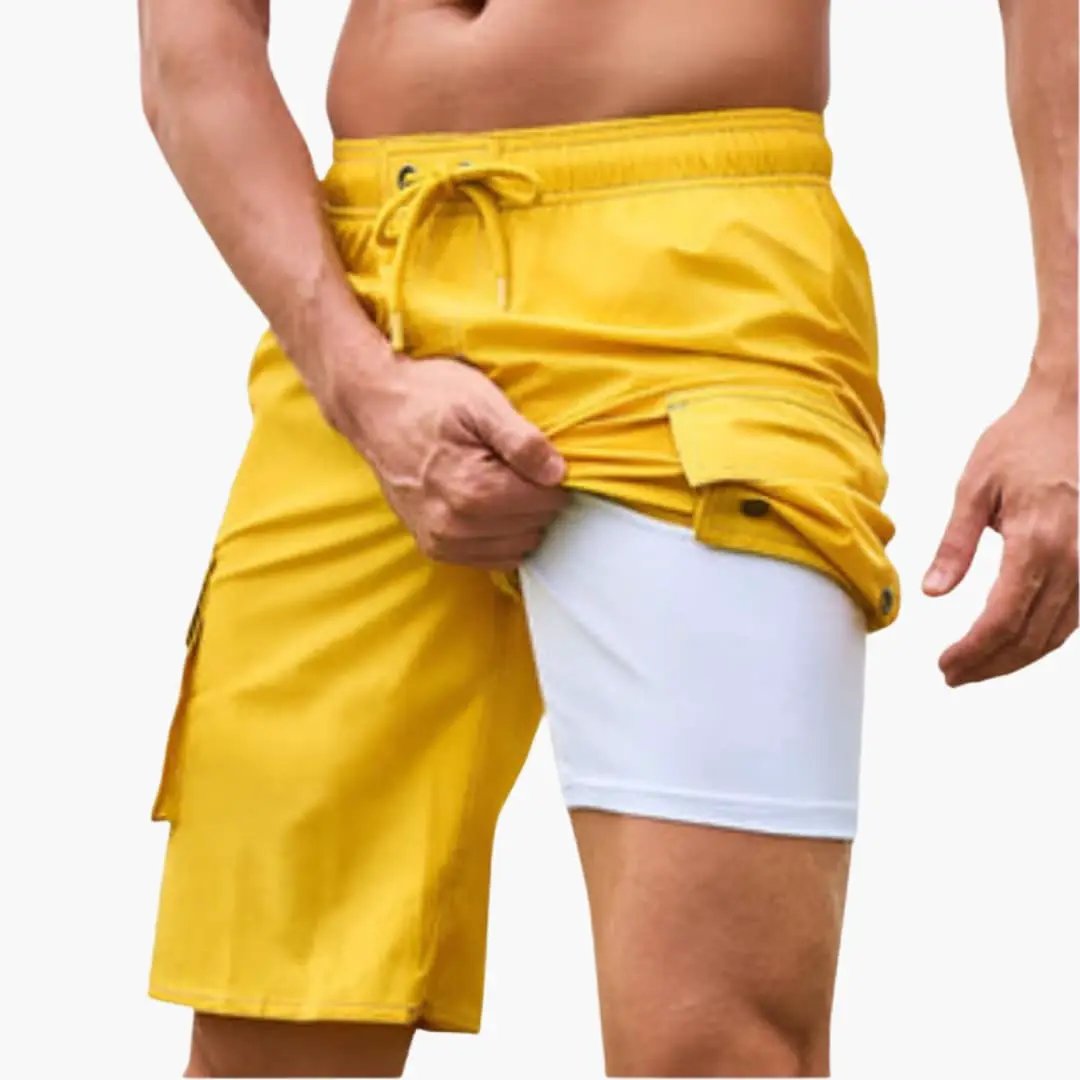 Men's Stretch Swim Shorts in yellow with inner lining and side cargo pocket