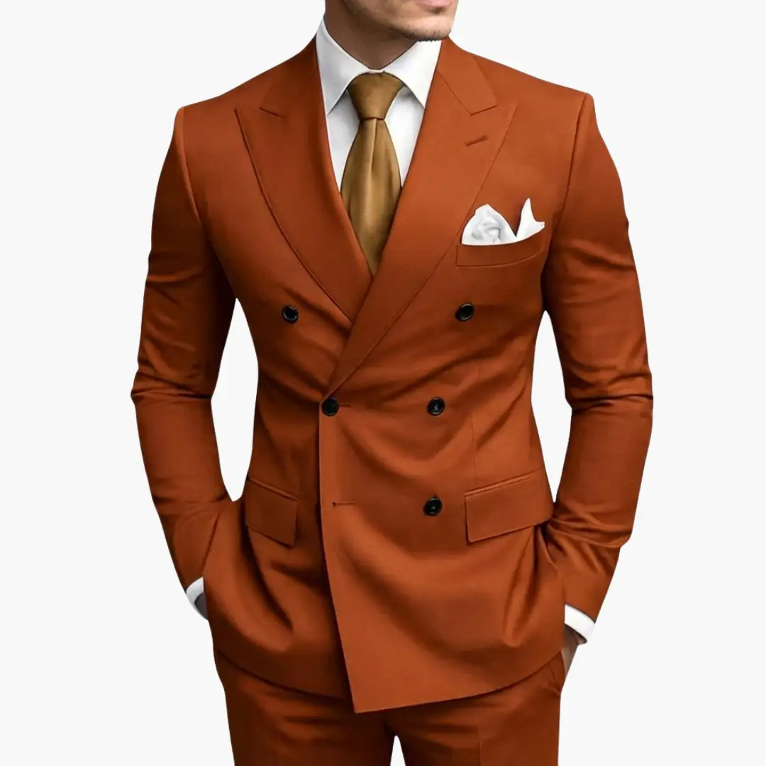 Men's suit double-breasted with notched lapel in burnt orange, white pocket square