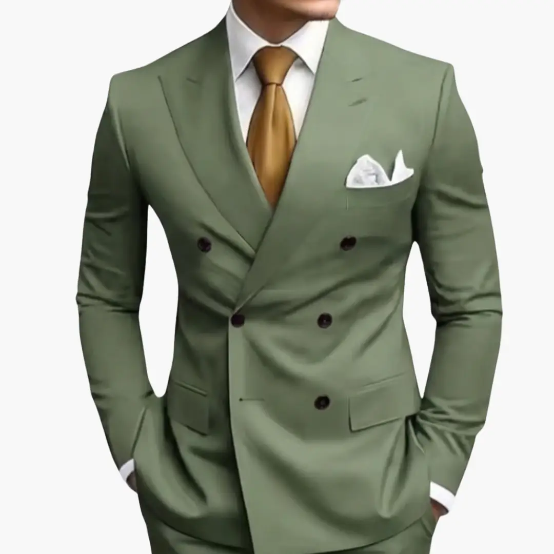 Men's Suit Wilfred Smith, olive green double-breasted with notched lapels and white pocket square