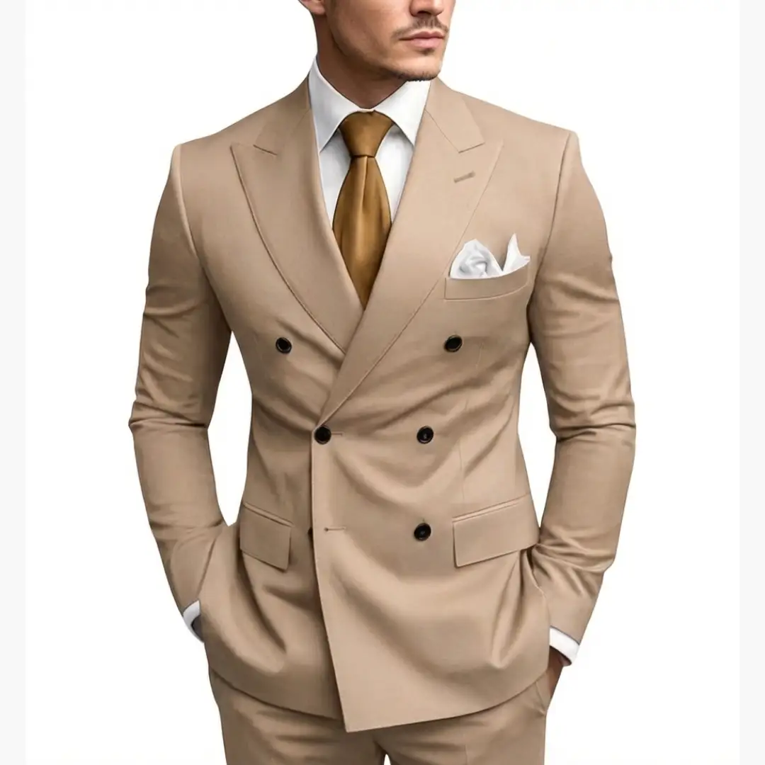 Men's beige double-breasted suit with notched lapels, white shirt, gold tie and white pocket square.