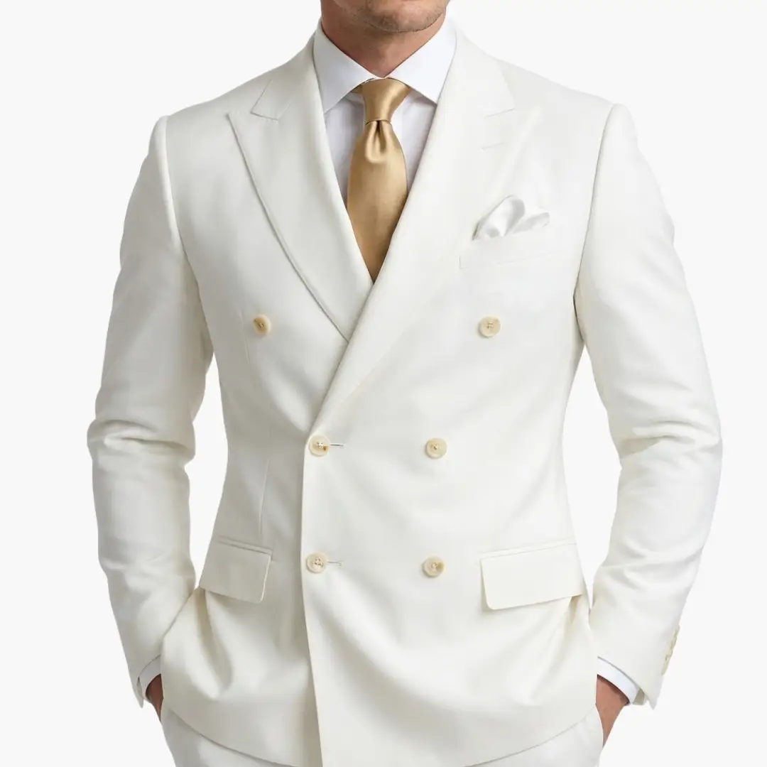 Men's Wilfred Smith white double-breasted suit with notched lapels.