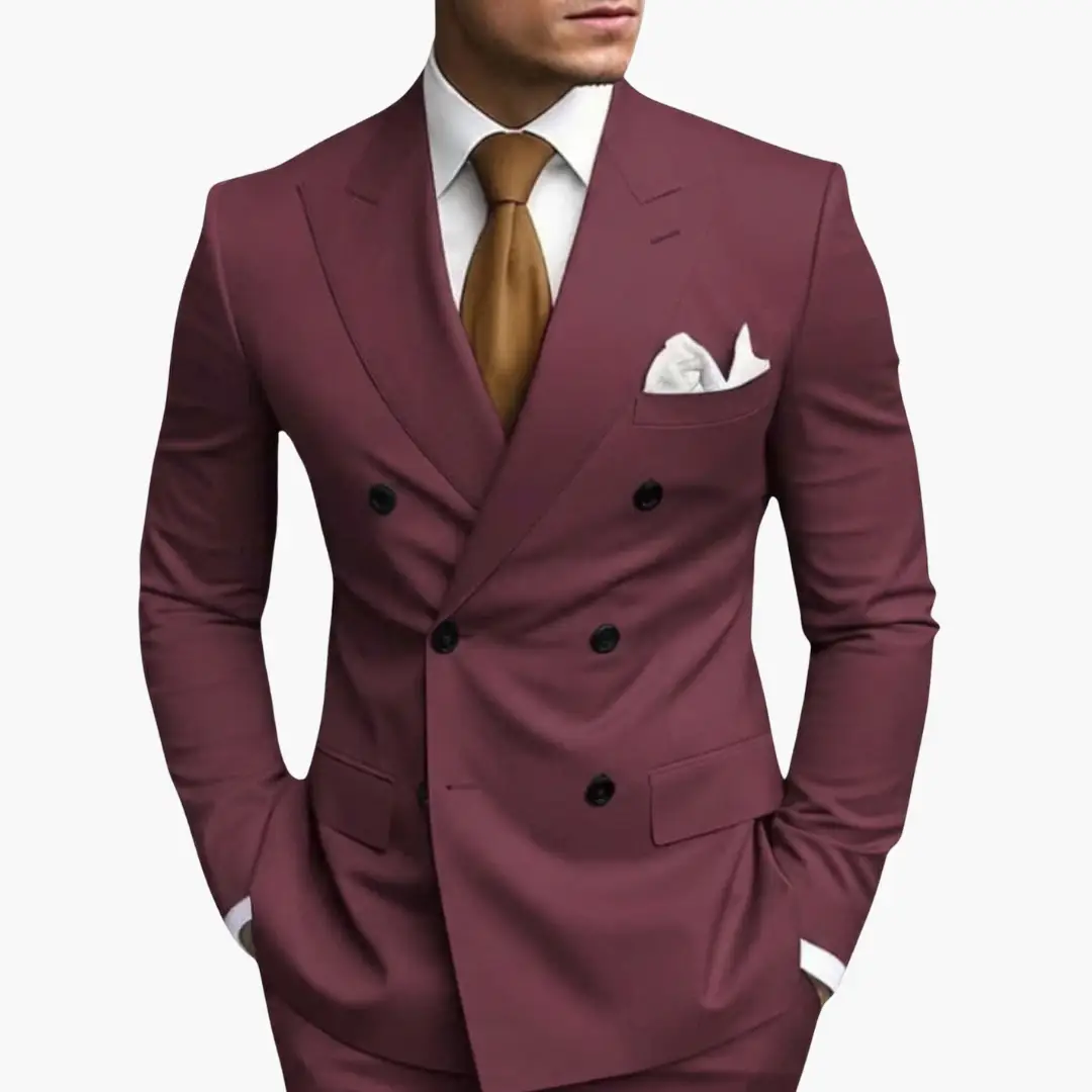 Men's burgundy double-breasted suit with notched lapels, white pocket square and brown tie