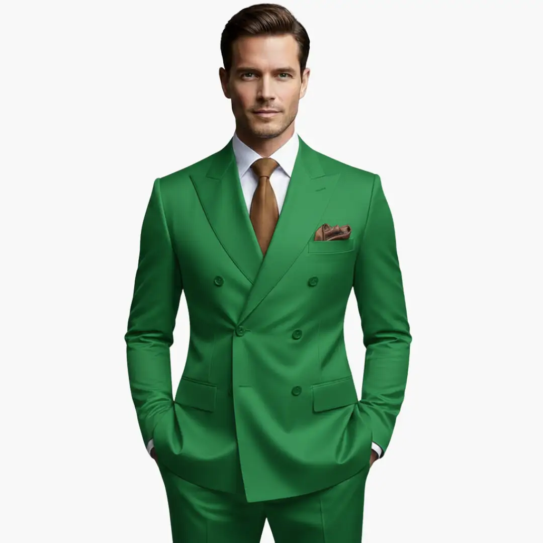 Men's Suit in bright green, double-breasted with notched lapels, brown tie and pocket square