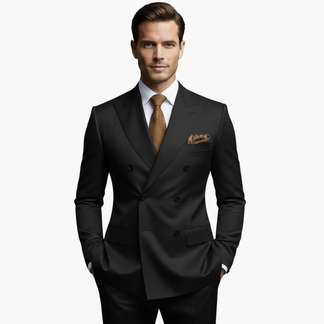 Men's suit by Wilfred Smith, black double-breasted with notched lapels, brown tie and pocket square