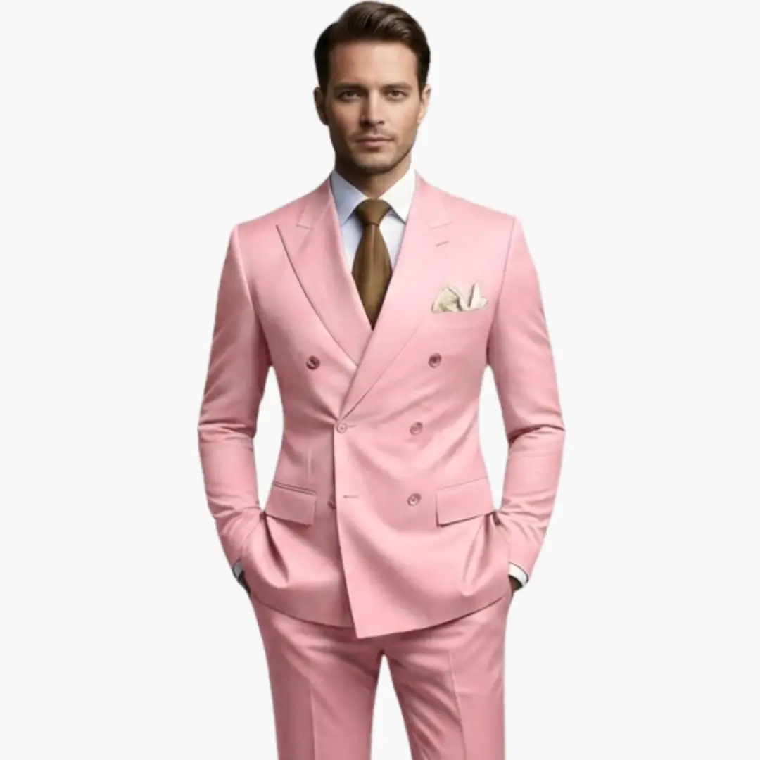 Men's pink double-breasted suit by Wilfred Smith with notched lapels and pocket square.