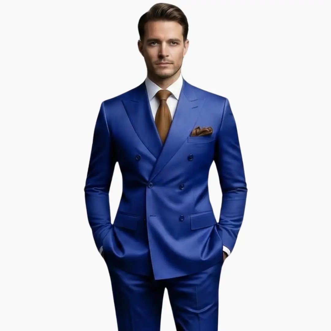 Men's blue double-breasted suit with notched lapel, white shirt, brown tie, and pocket square visible