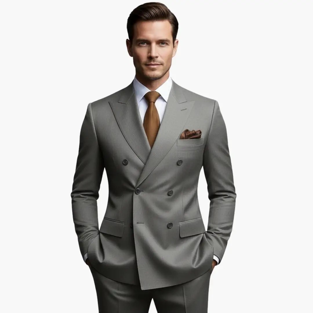 Men's gray double-breasted suit with notched lapels, white shirt, and brown tie