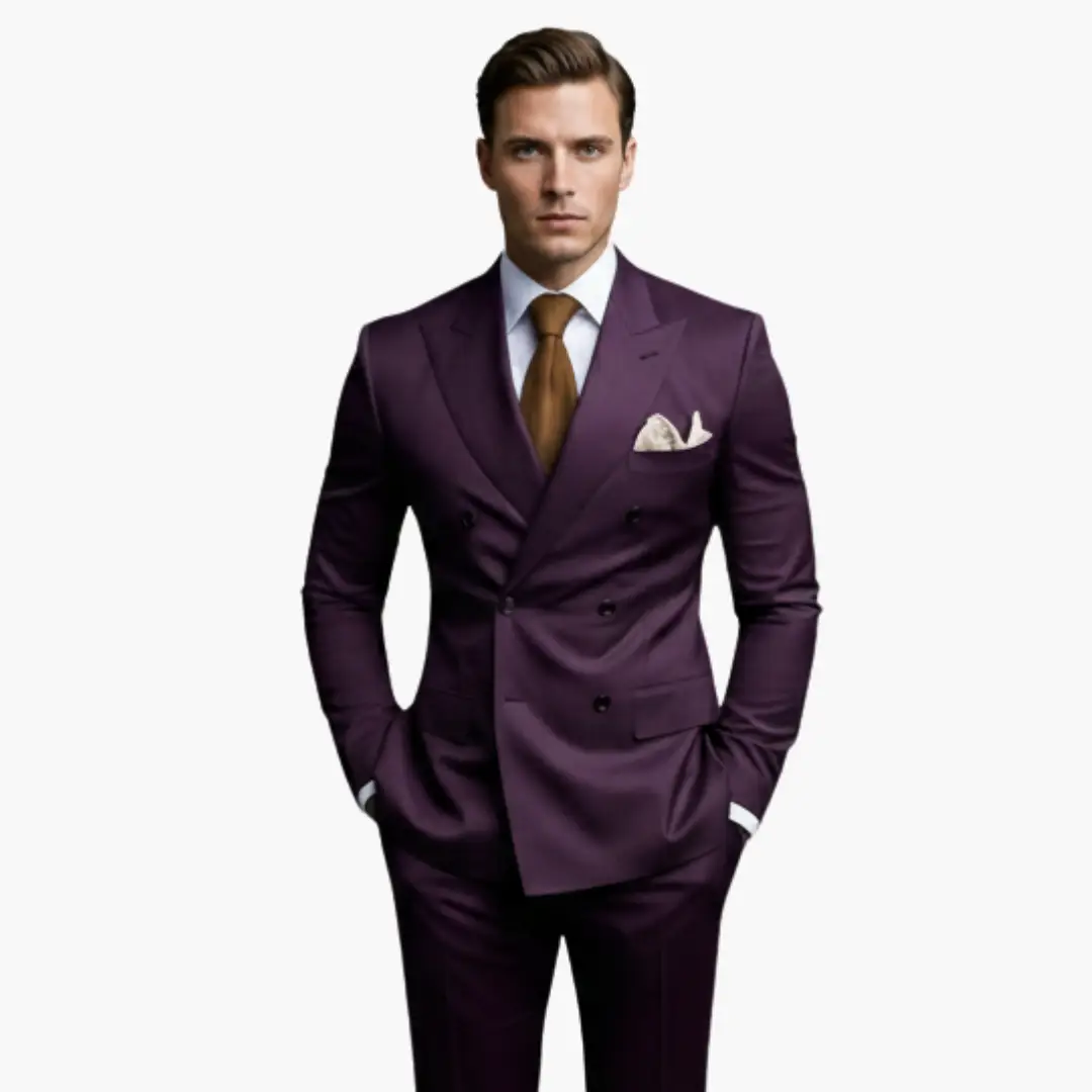 Men's purple double-breasted suit with notched lapels and white pocket square.