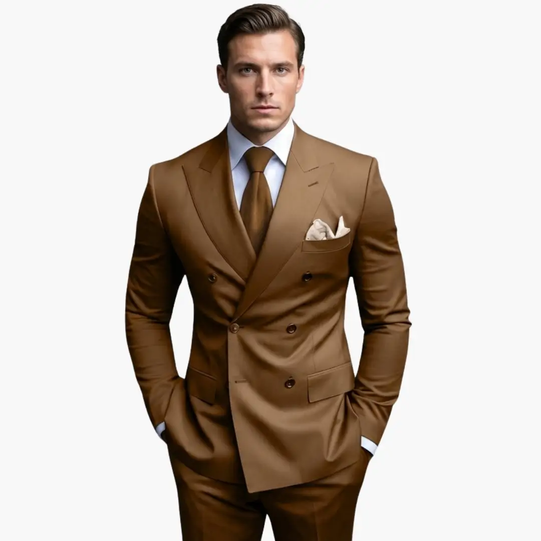 Men's camel brown suit, double-breasted with notched lapels and white pocket square