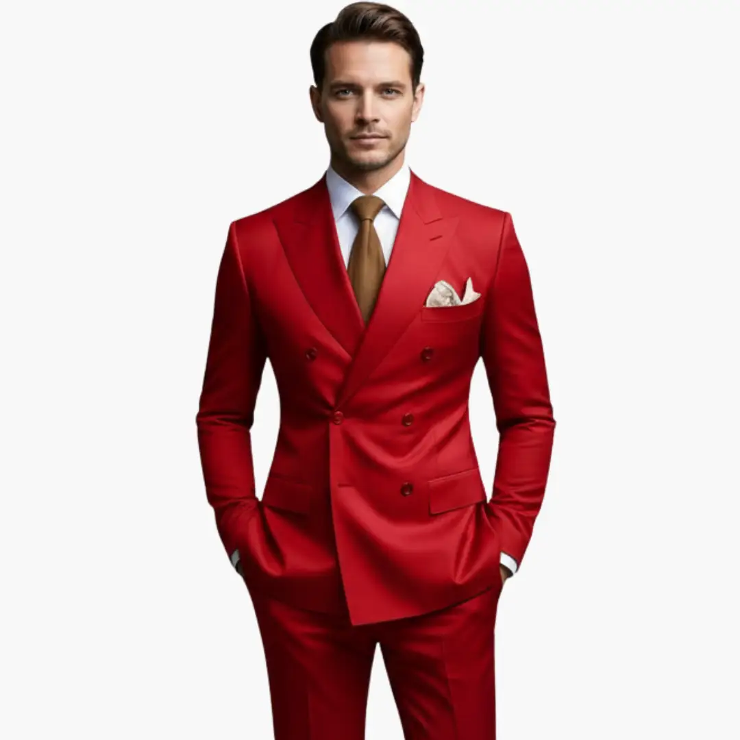 Men's Suit: red double-breasted with notched lapels, white shirt, brown tie, pocket square