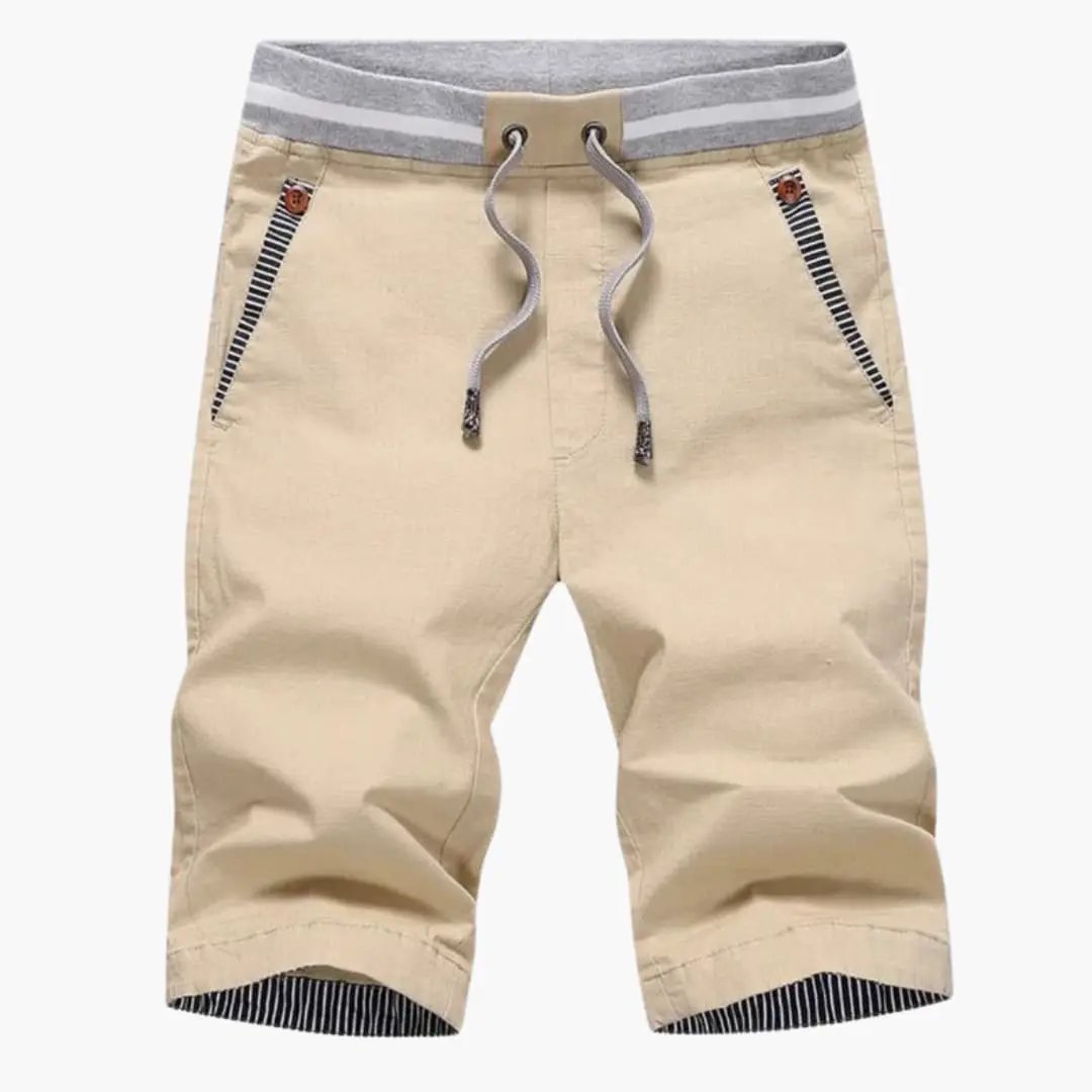Men's Summer Shorts with elastic waistband and drawstring, beige knee-length jogger shorts with turn-up striped hems