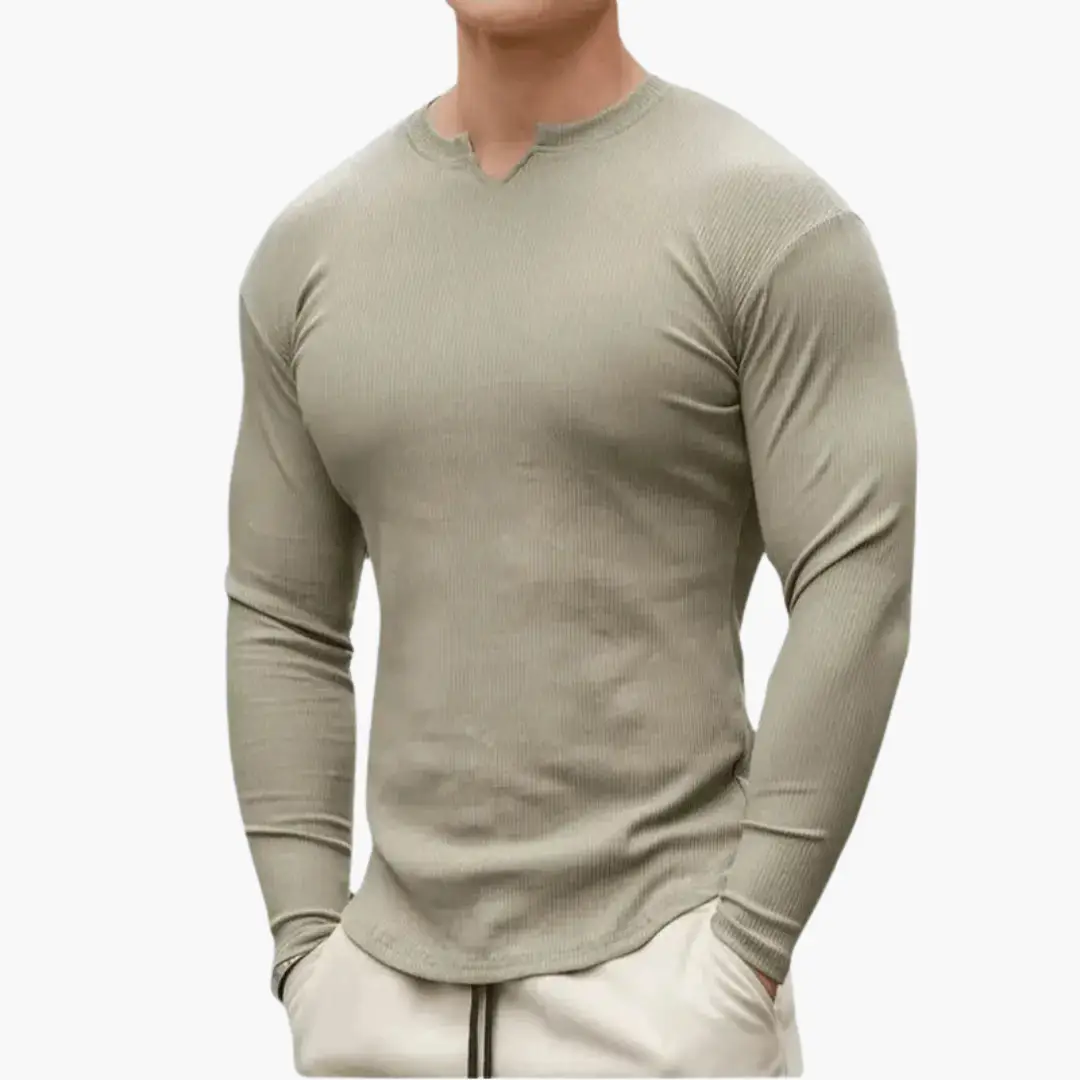 Men’s beige ribbed-knit sweater, slim-fit long-sleeve