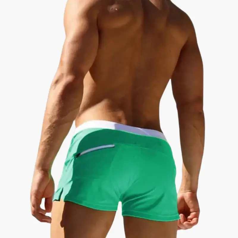 Men's Swim Shorts by Wilfred Smith in green with white waistband and back pocket