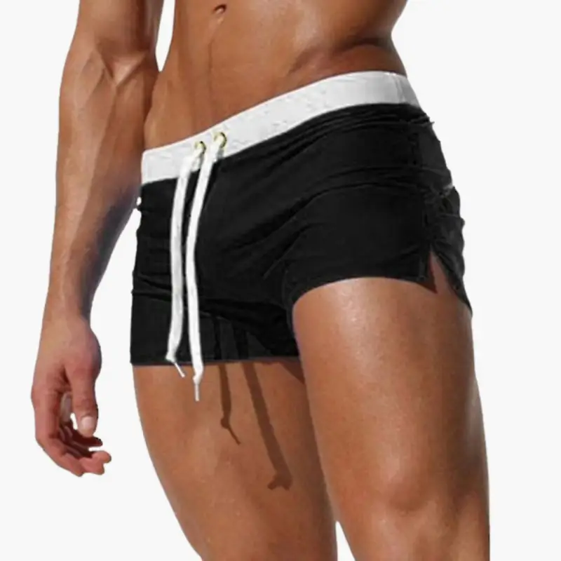 Men’s swim shorts with drawstring, black fabric and white waistband