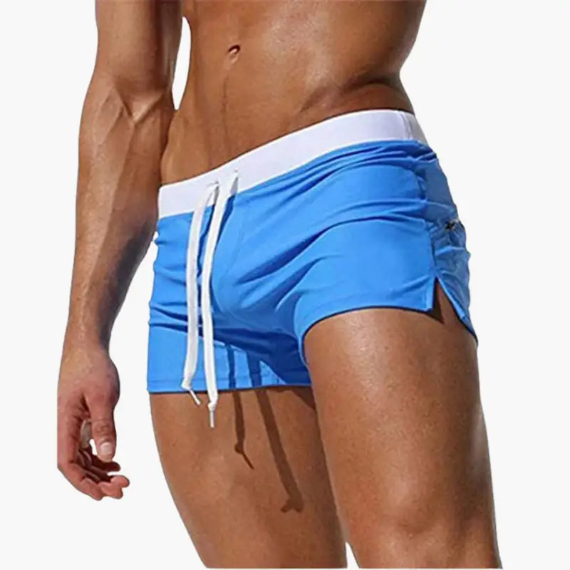 Men’s swim shorts in blue with white drawstring and waistband, fitted waist