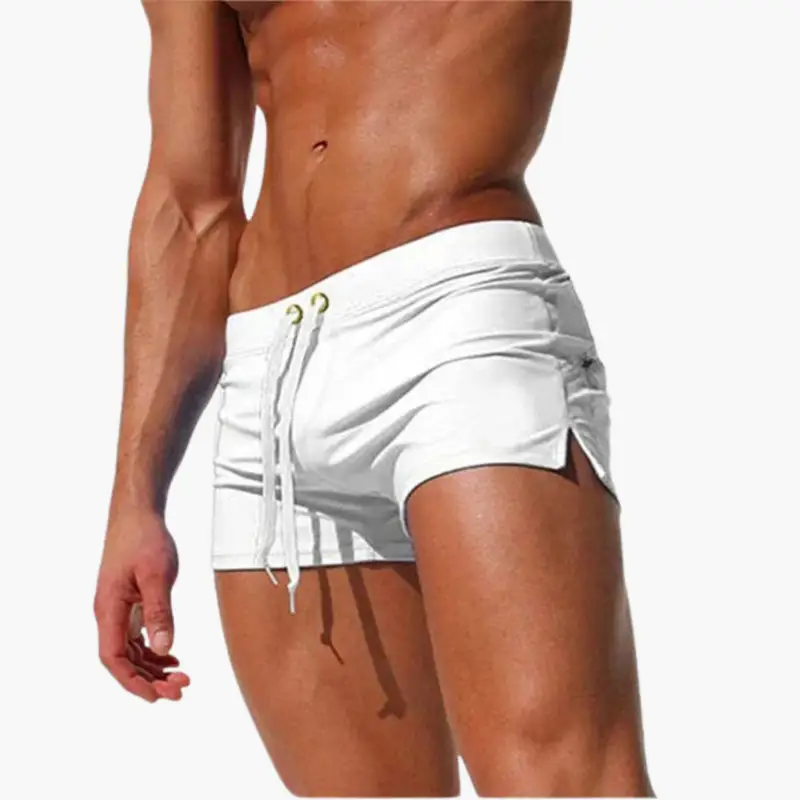 Men's Swim Shorts with Drawstring and Fitted Waist in white with gold-tone eyelets and side slits, swim boxers