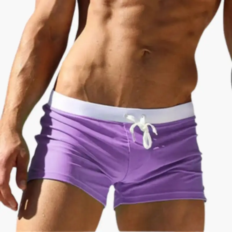 Men’s Swim Shorts with Drawstring and Fitted Waist, purple fabric with white waistband.