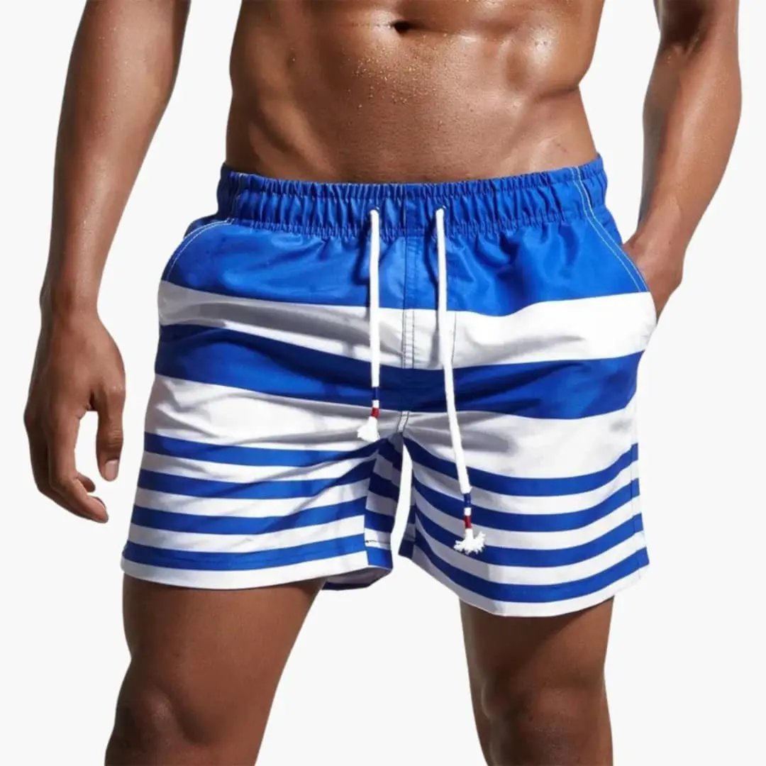 Men’s Swim Shorts with drawstring in blue and white horizontal stripes, boardshorts