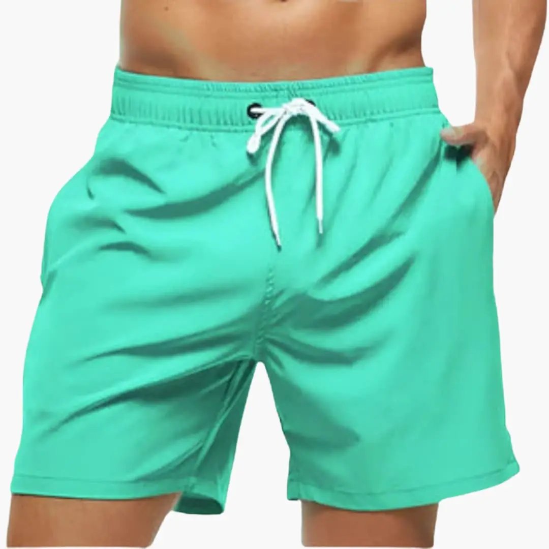 Men’s Swim Shorts by Wilfred Smith, turquoise quick-drying boardshorts with elastic waistband and white drawstring