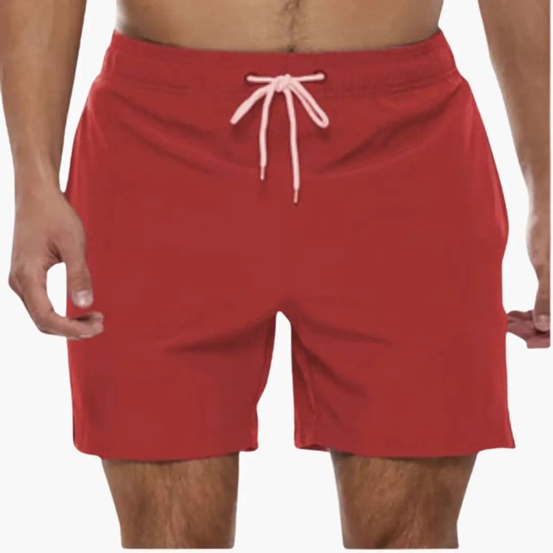 Men’s Swim Shorts by Wilfred Smith, red boardshorts with elastic waist and white drawstring