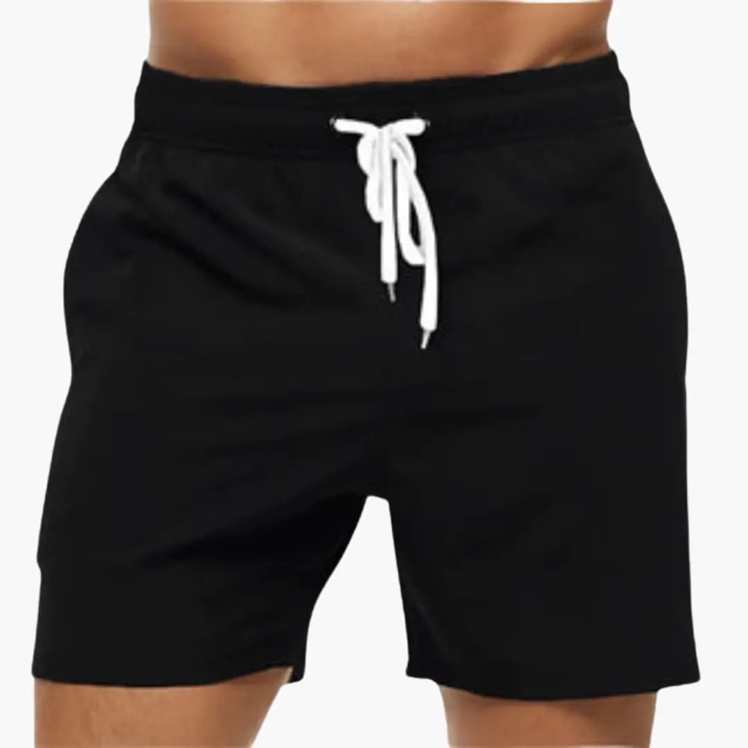 Men’s Swim Shorts by Wilfred Smith, black boardshorts with elastic waistband and white drawstrings