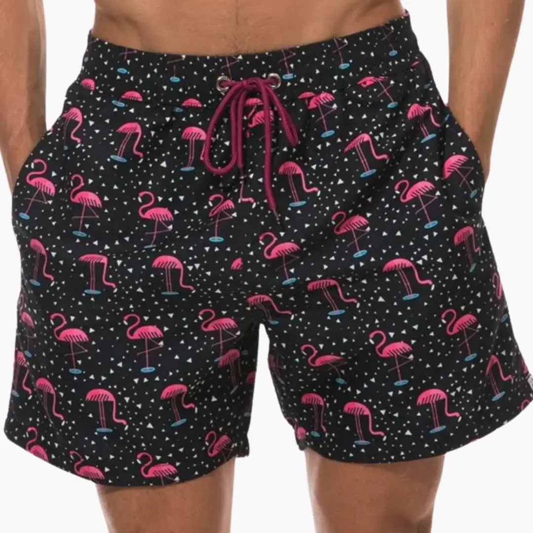 Men’s Swim Shorts with pink flamingo print on black, pink drawstring