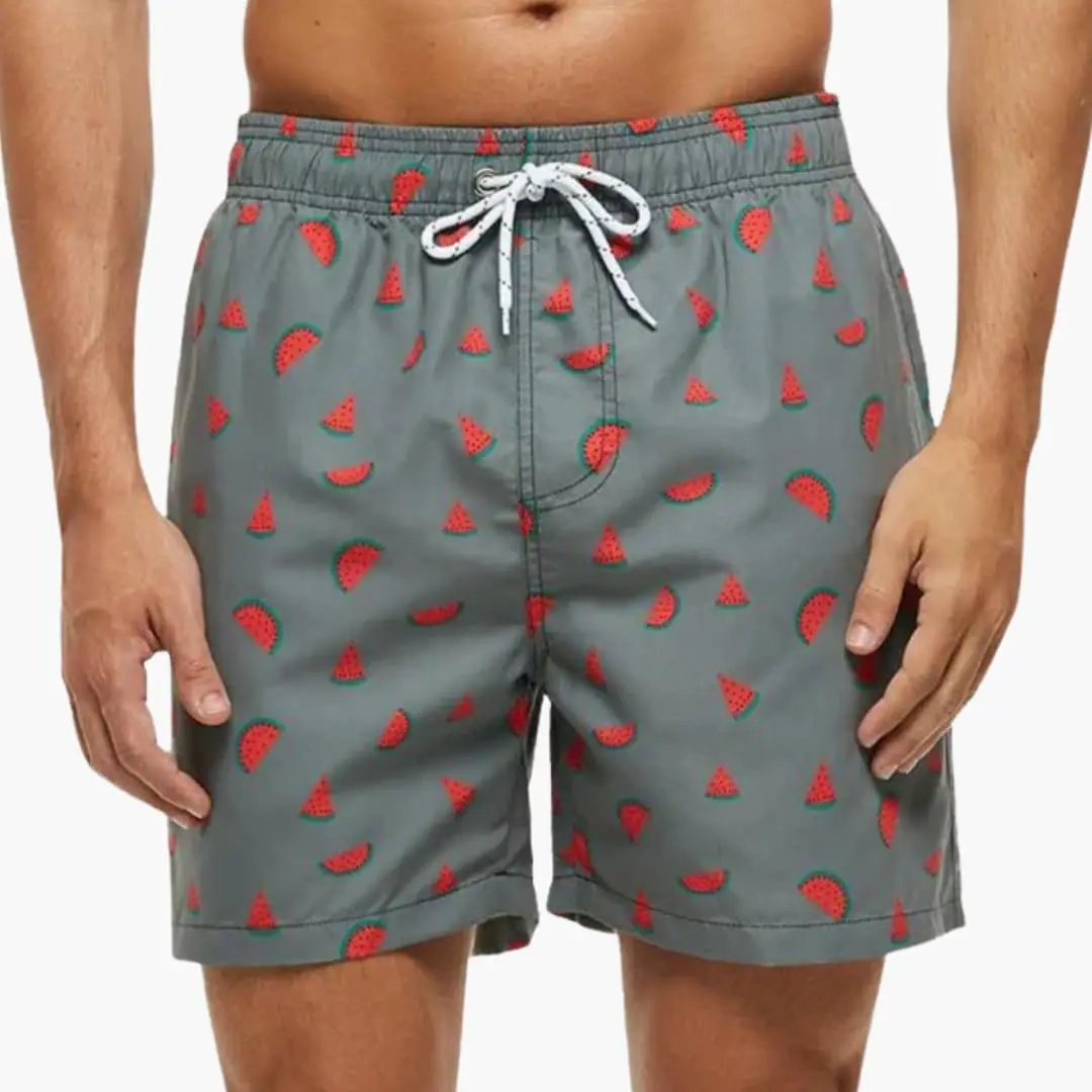 Men’s swim shorts by Wilfred Smith, gray boardshorts with elastic waistband, inner lining, watermelon print.