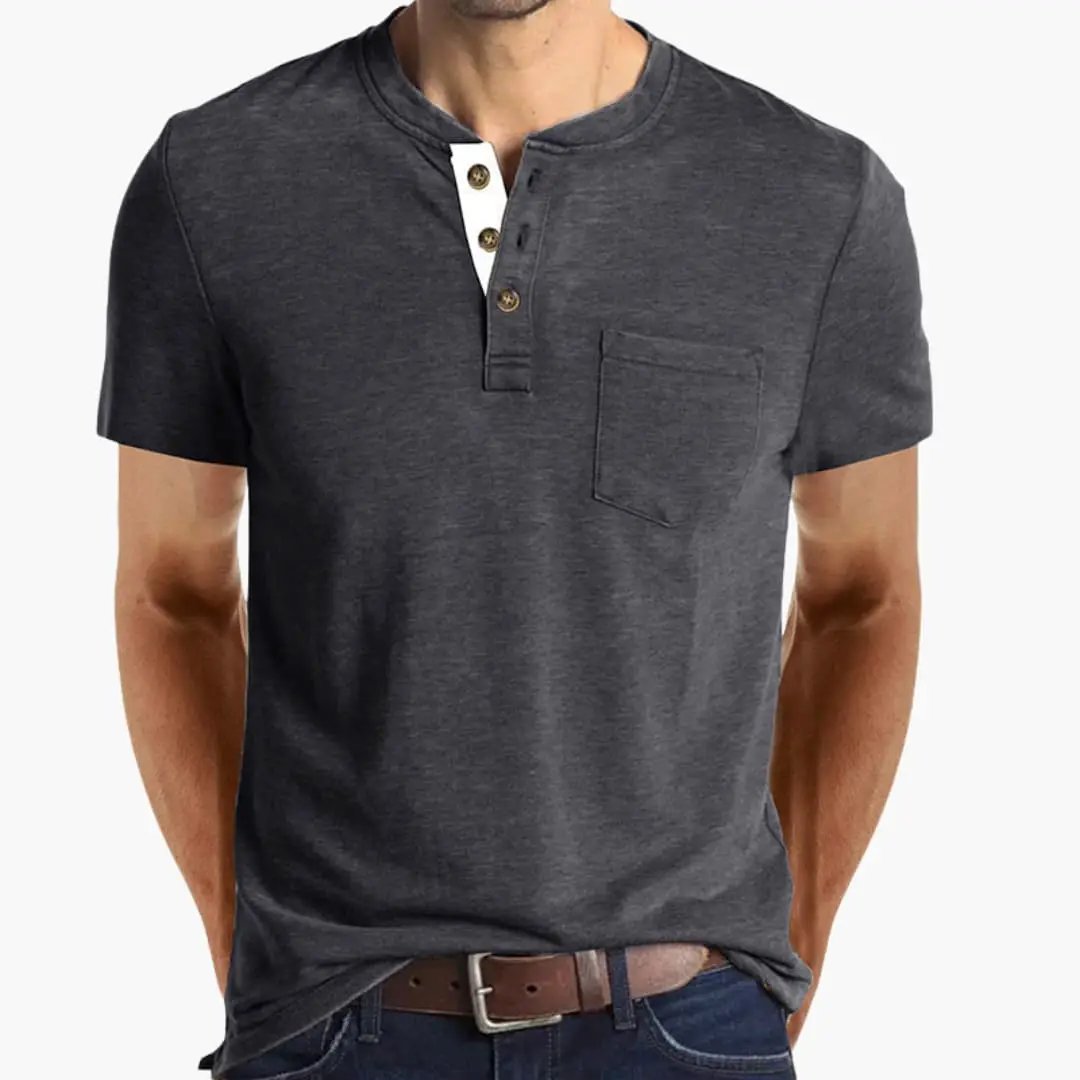 Men’s T-shirt in charcoal heather with textured collar, white placket Henley detail and chest pocket.