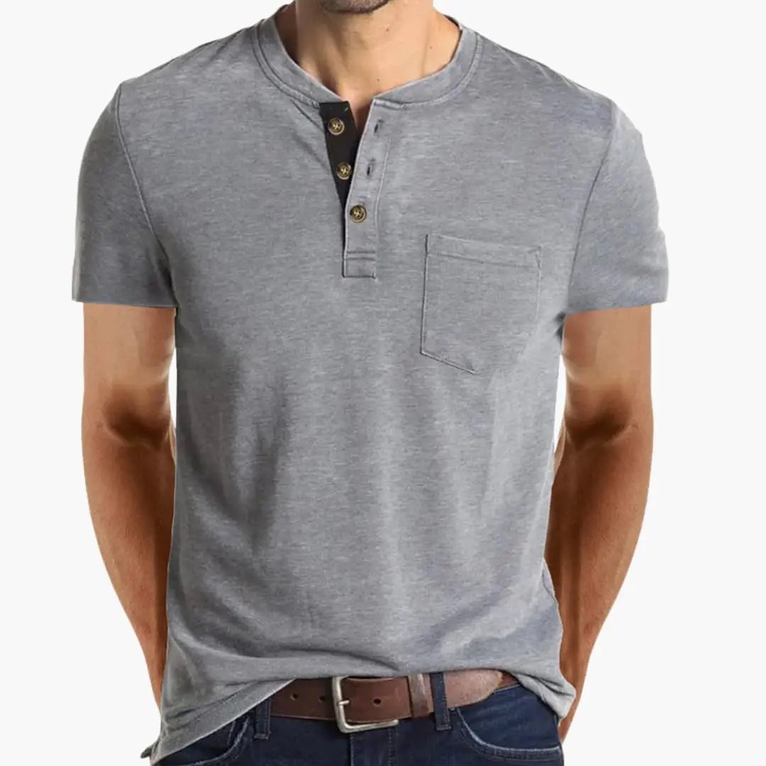 Men's T-Shirt with textured collar and chest pocket, grey short-sleeve