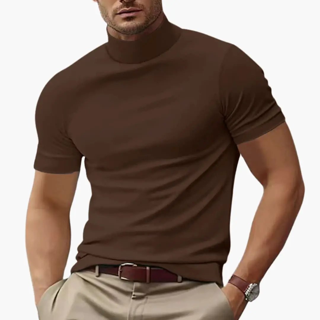Men's T-Shirt with turtleneck in brown by Wilfred Smith, short sleeves