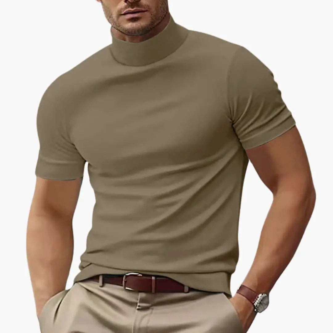 Men's turtleneck short-sleeve T-shirt in olive, slim-fit, modeled with beige pants.