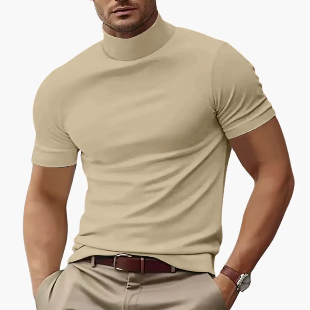 Men's beige turtleneck short-sleeve T-shirt with smooth knit finish