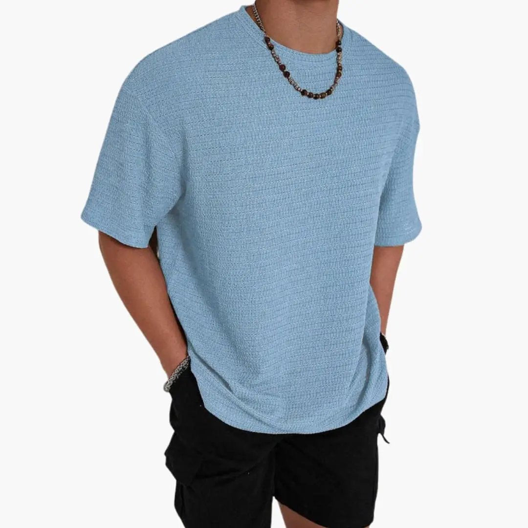 Men’s textured blue crew-neck short-sleeve T-shirt by Wilfred Smith
