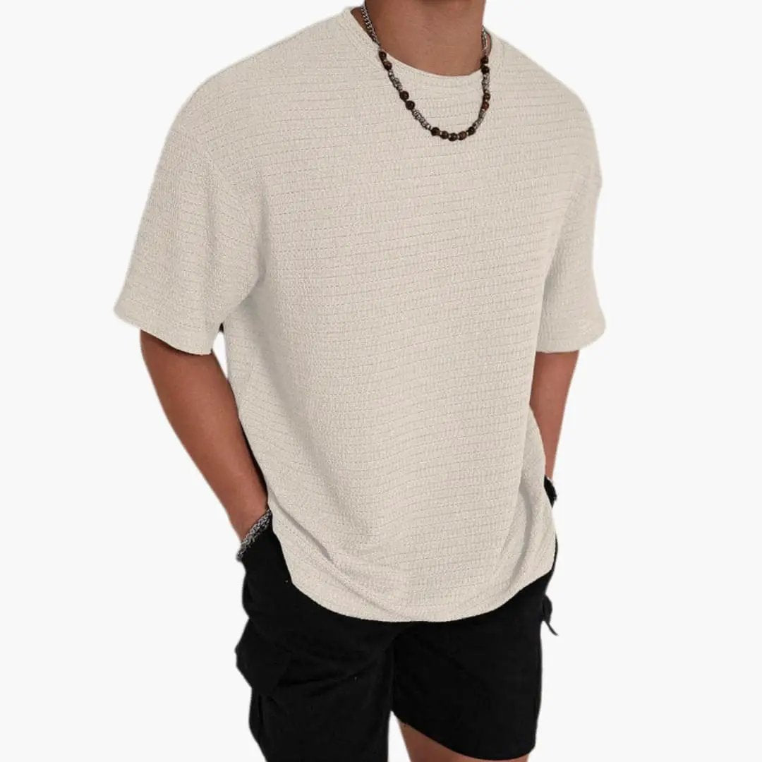 Men’s textured crew-neck short-sleeve T-shirt in cream by Wilfred Smith