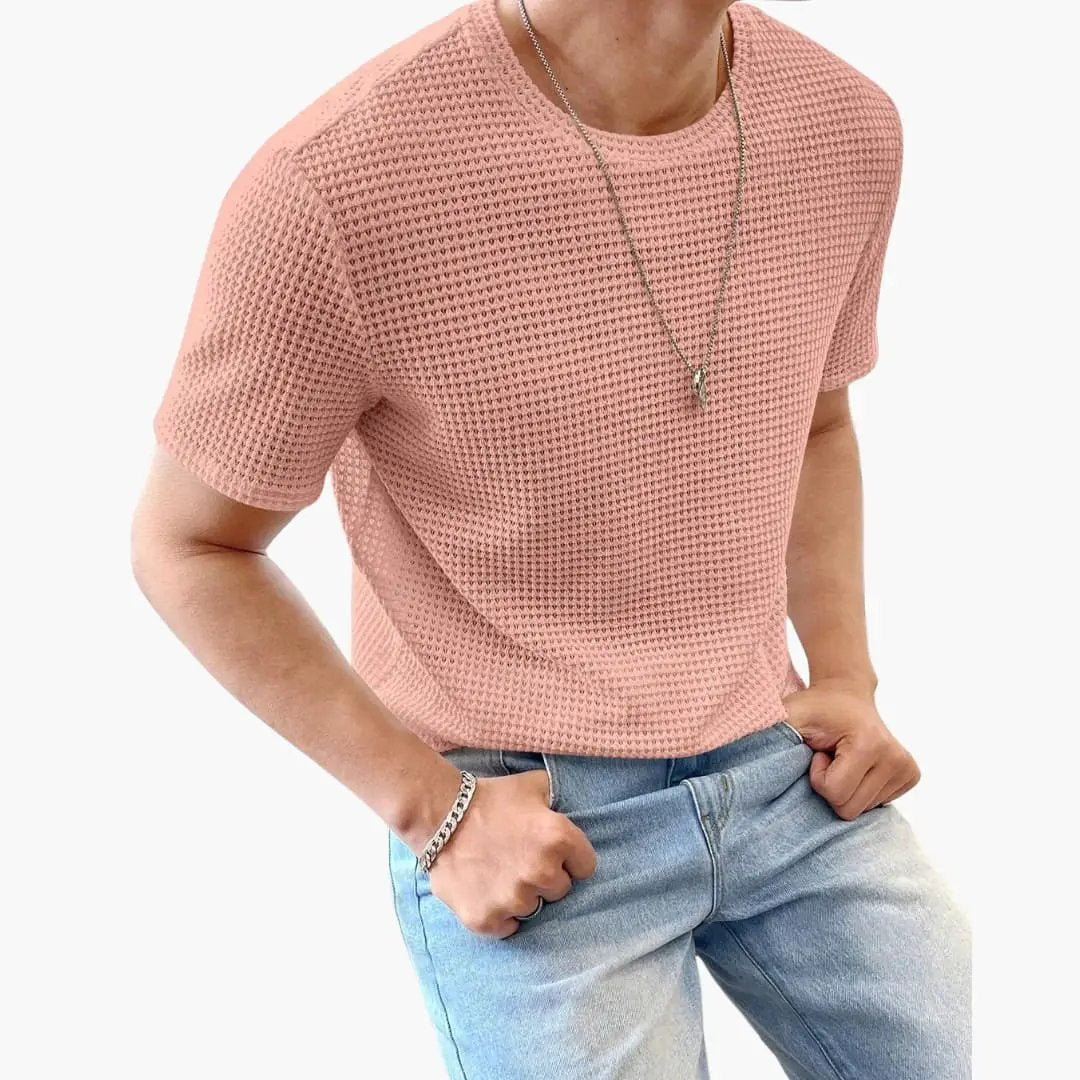 Men’s peach textured crew-neck short-sleeve T-shirt with a structured knit