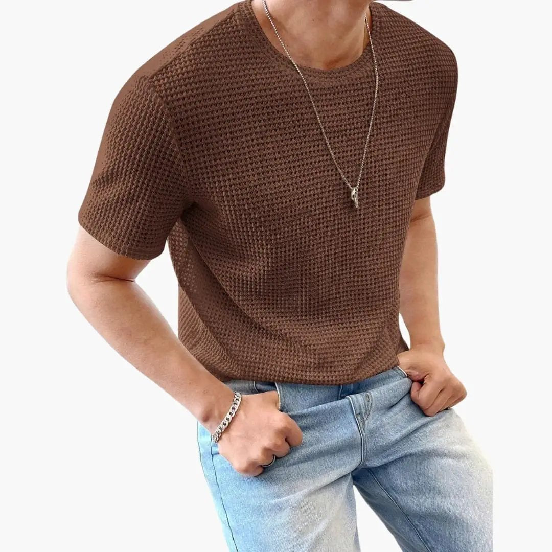 Men’s textured brown crew-neck short-sleeve T-shirt with a knit pattern.