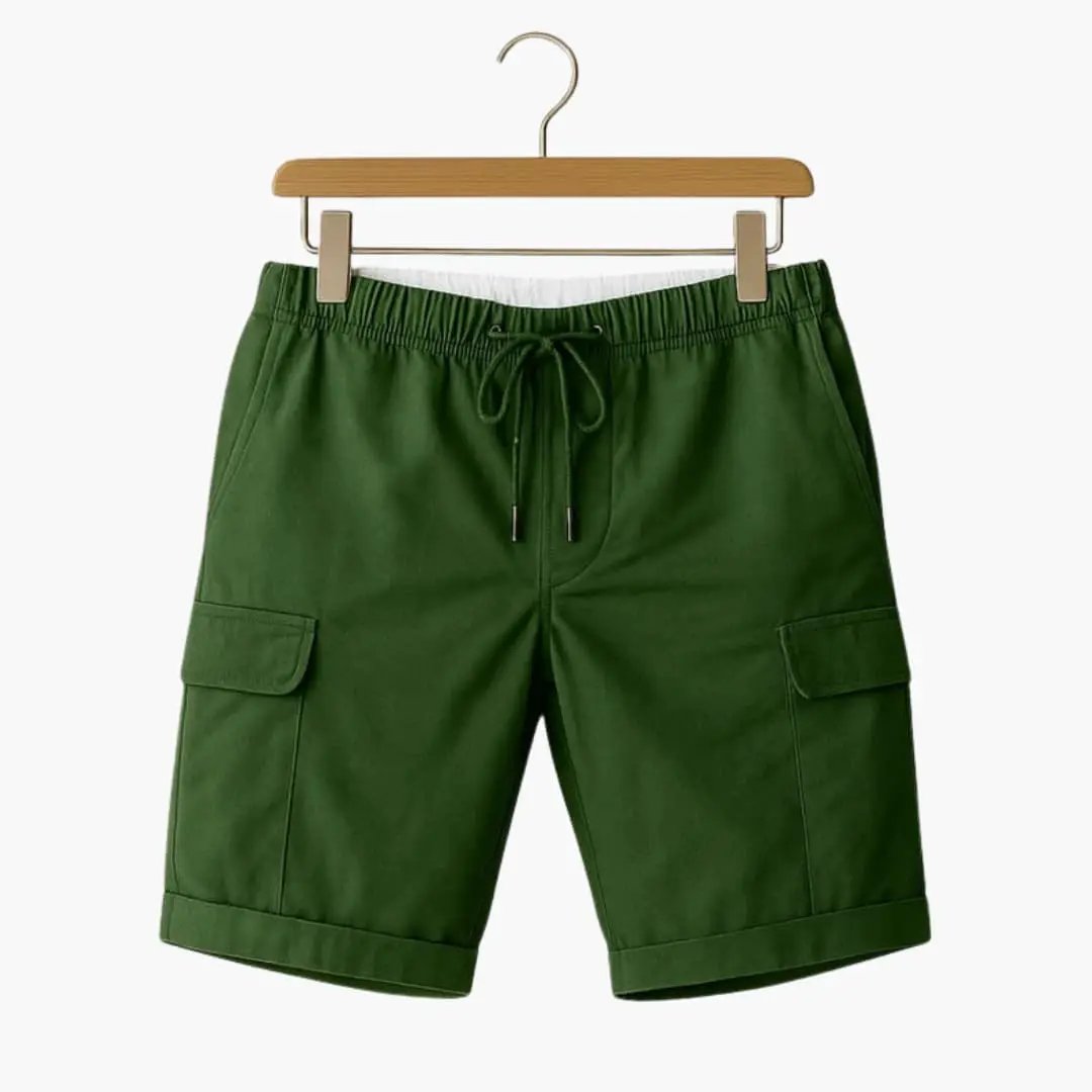 Men's cargo shorts, thigh-length, green with elastic waistband and drawstring, cargo pockets.