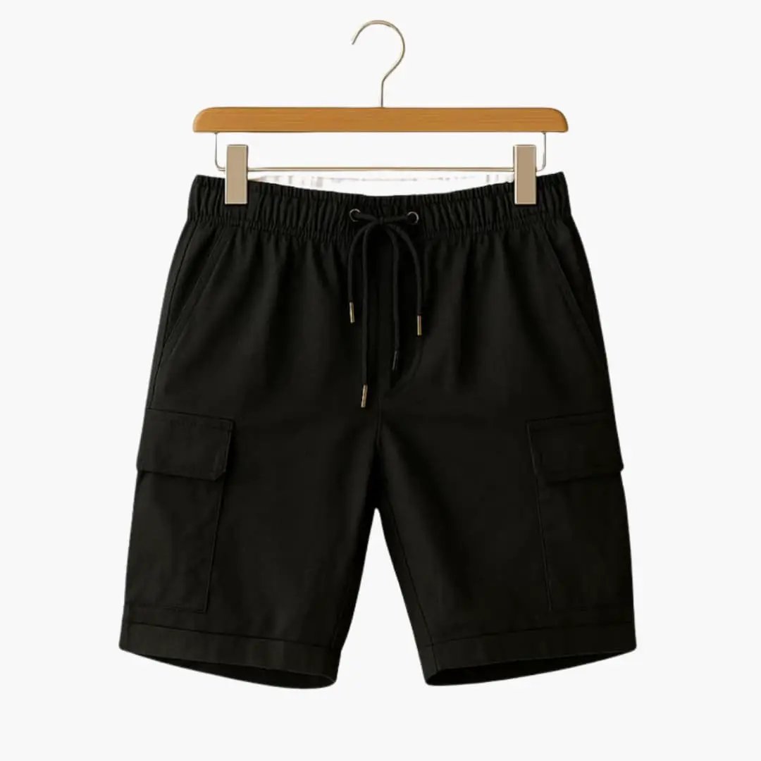 Men's Wilfred Smith cargo shorts, black thigh-length with elastic waistband and drawstring