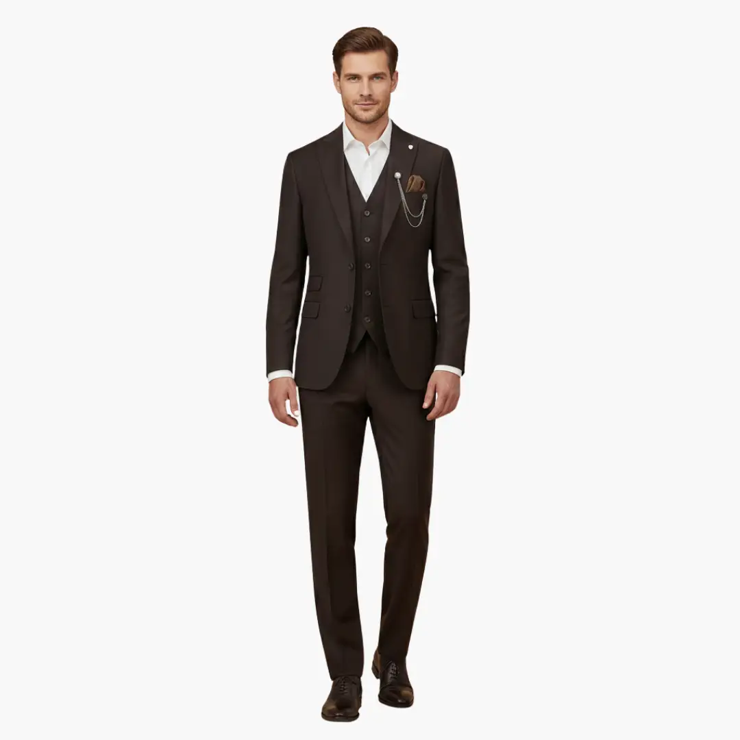 Men's three-piece suit by Wilfred Smith with notch lapel in brown, slim-fit with vest and pocket square.